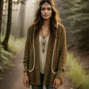 VTG Side Effects Chunky Knit Cardigan Sweater Mustard Open Front Women's Size L